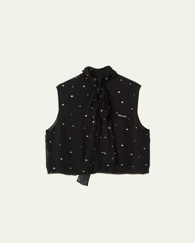 Crystal Chiffon Scarf-Neck Cropped Top